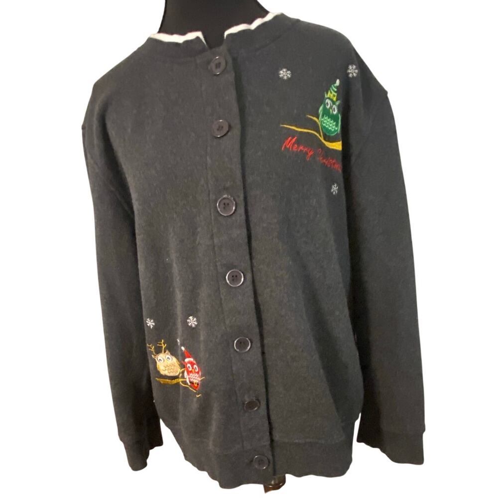 Y2K Christmas Owl Button Up Gray Cardigan White‎ Collar Petite Medium Holiday